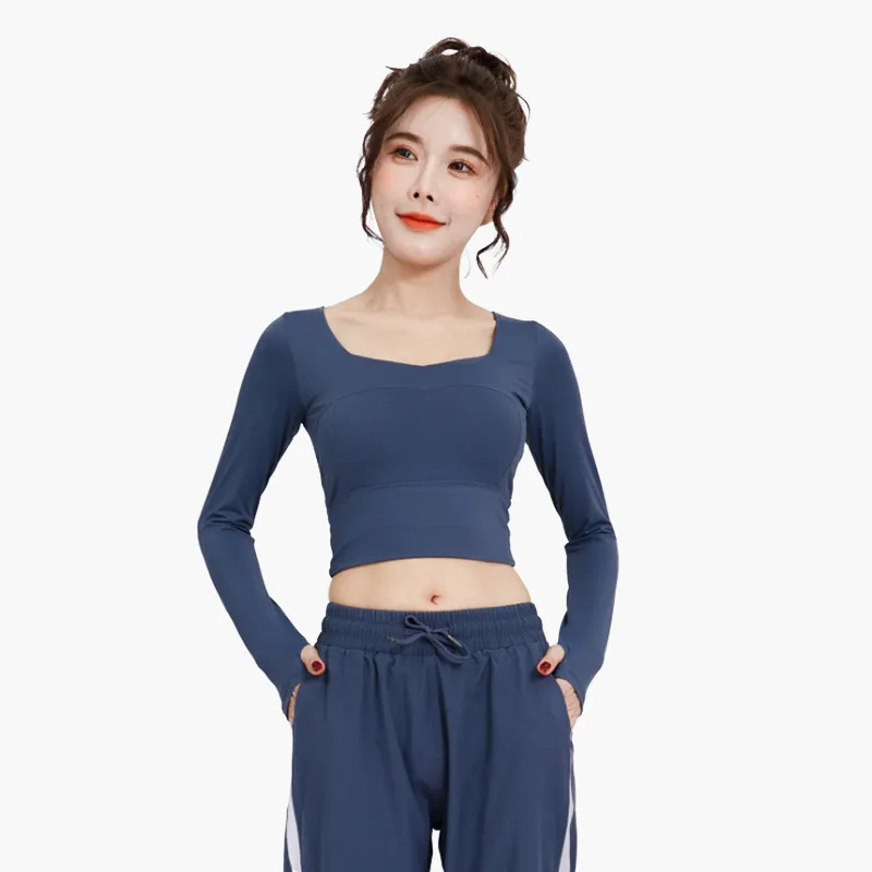 欠かせない シンプル 通気性良い 無地 長袖 内蔵パッドあり スクエアネック ヨガトップス