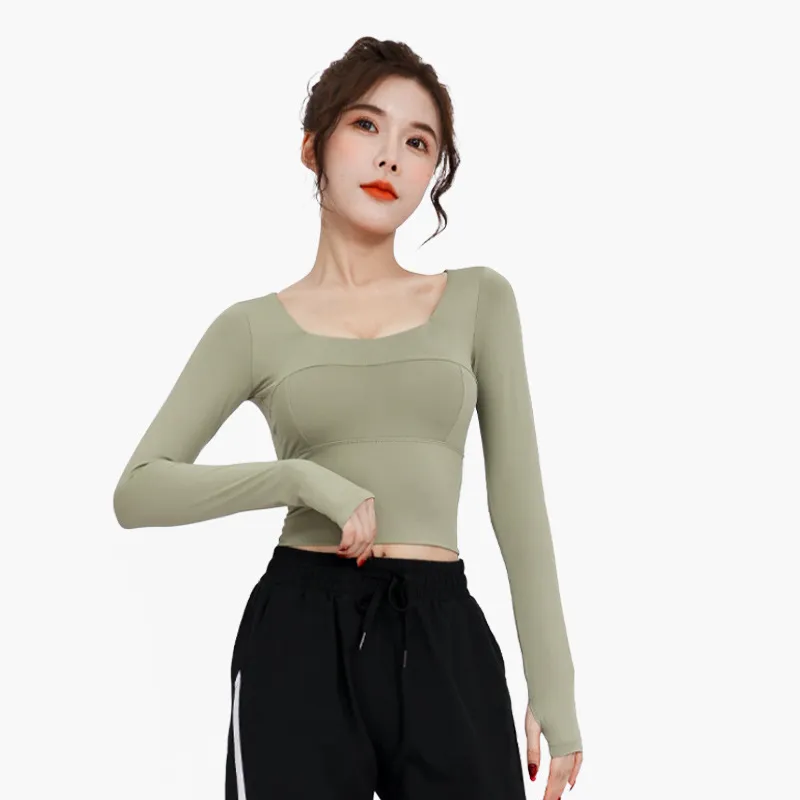 欠かせない シンプル 通気性良い 無地 長袖 内蔵パッドあり スクエアネック ヨガトップス