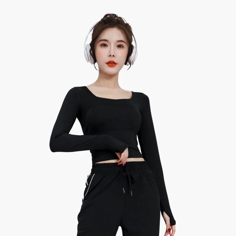 欠かせない シンプル 通気性良い 無地 長袖 内蔵パッドあり スクエアネック ヨガトップス