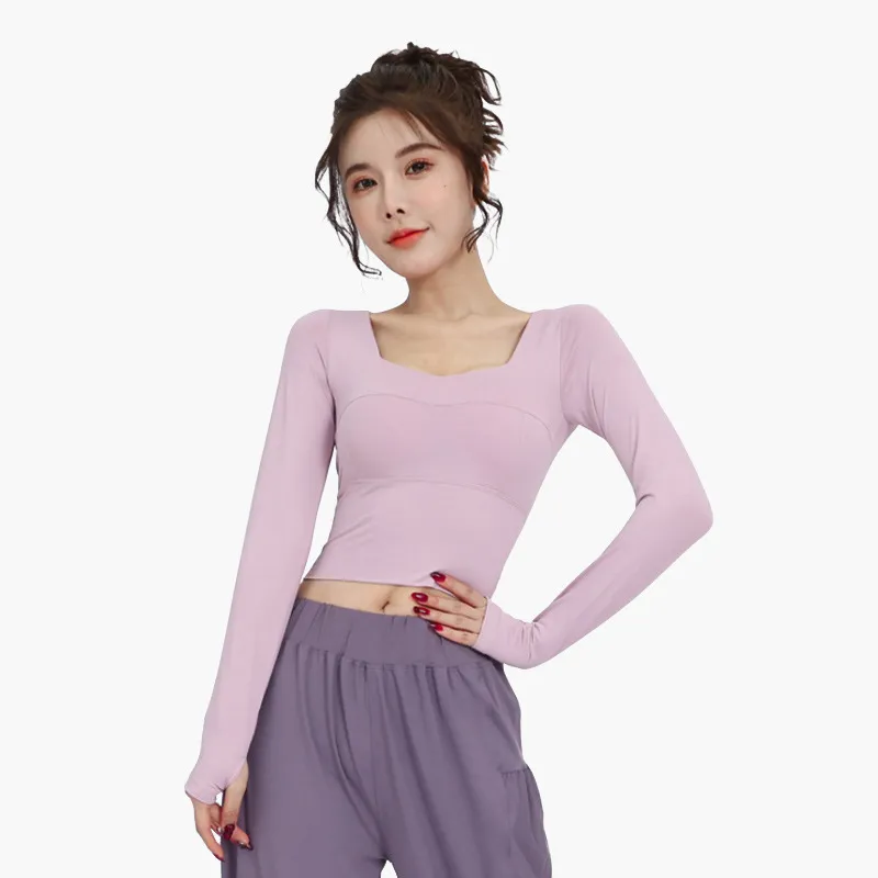 欠かせない シンプル 通気性良い 無地 長袖 内蔵パッドあり スクエアネック ヨガトップス