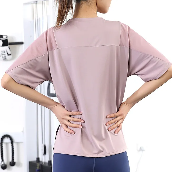 高級感 半袖 スリット  カジュアル 配色 スポーツトップス