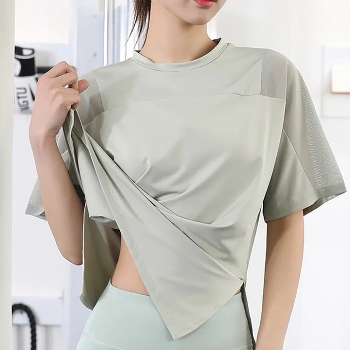 高級感 半袖 スリット  カジュアル 配色 スポーツトップス