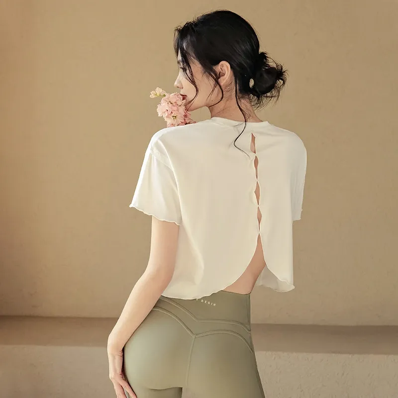 気質アップ 美しいバックライン 速乾 ランニング 運動 不規則 スリット セクシー 無地 カジュアル ヨガトップス