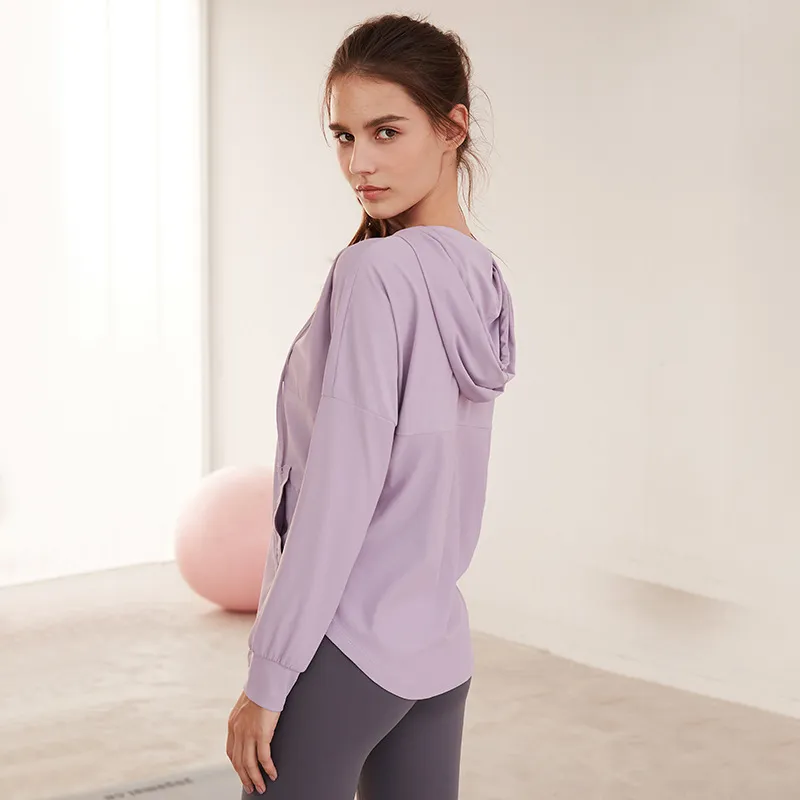 カジュアル 長袖 ジッパー フード付き ゆったり スポーツ 無地 吸汗速乾素材 ヨガトップス