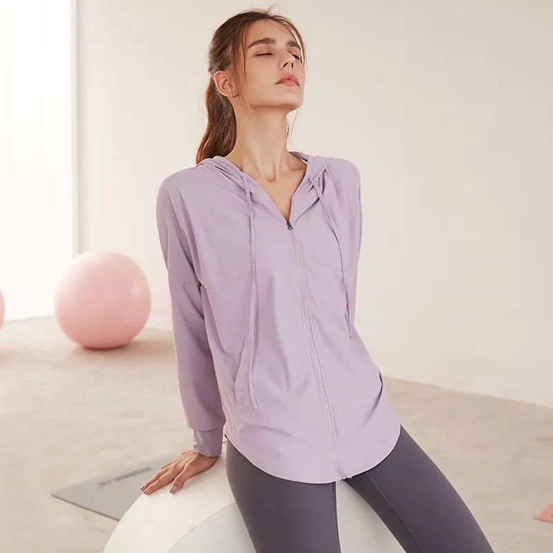 カジュアル 長袖 ジッパー フード付き ゆったり スポーツ 無地 吸汗速乾素材 ヨガトップス