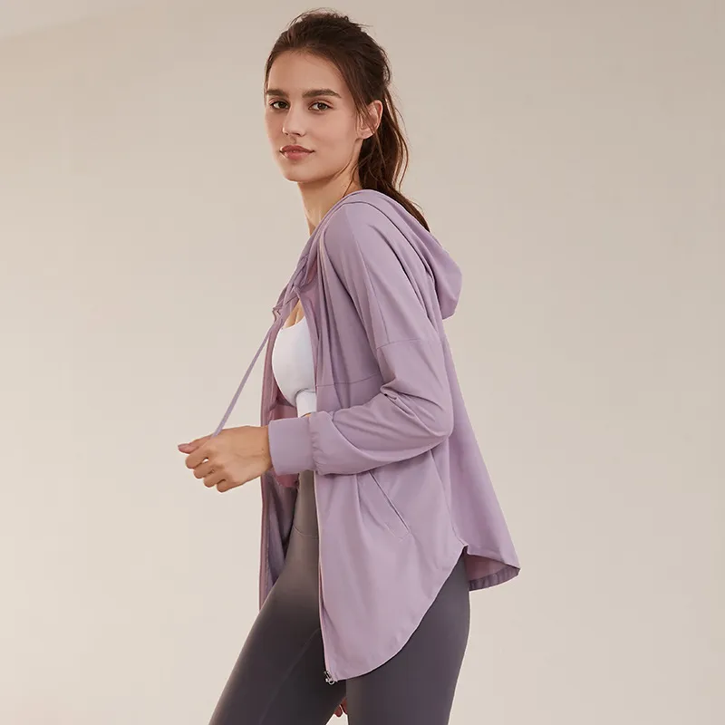 カジュアル 長袖 ジッパー フード付き ゆったり スポーツ 無地 吸汗速乾素材 ヨガトップス