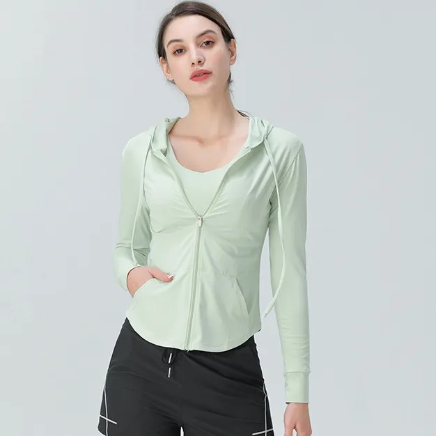 単品販売 シンプル 無地 フード付き スポーツ 長袖 フィット 色移りしない ヨガトップス