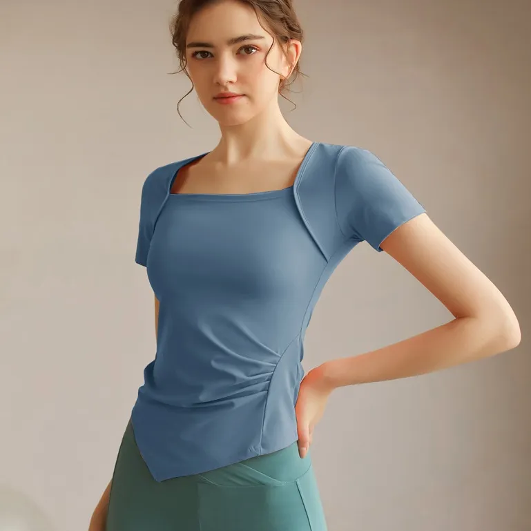 カジュアル 無地 スクエアネック 切り替え 半袖 夏 スポーツ 着痩せ ギャザー ヨガトップス