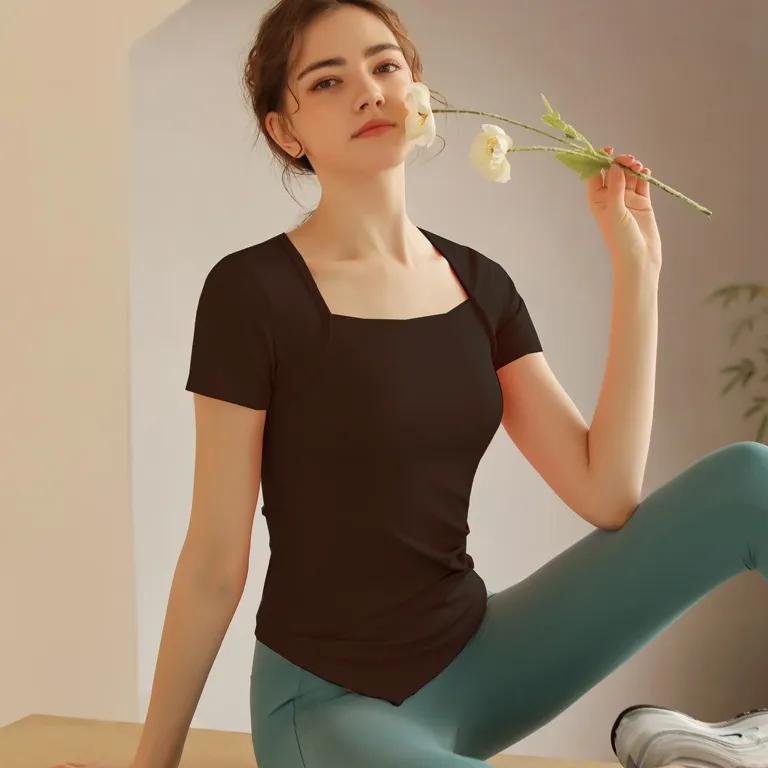 カジュアル 無地 スクエアネック 切り替え 半袖 夏 スポーツ 着痩せ ギャザー ヨガトップス