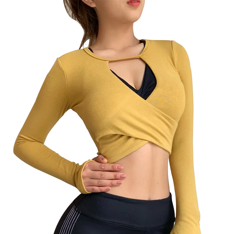 カジュアル 長袖 透かし彫り 交差 吸汗速乾 無地 4色展開 つけ心地  ヨガトップス