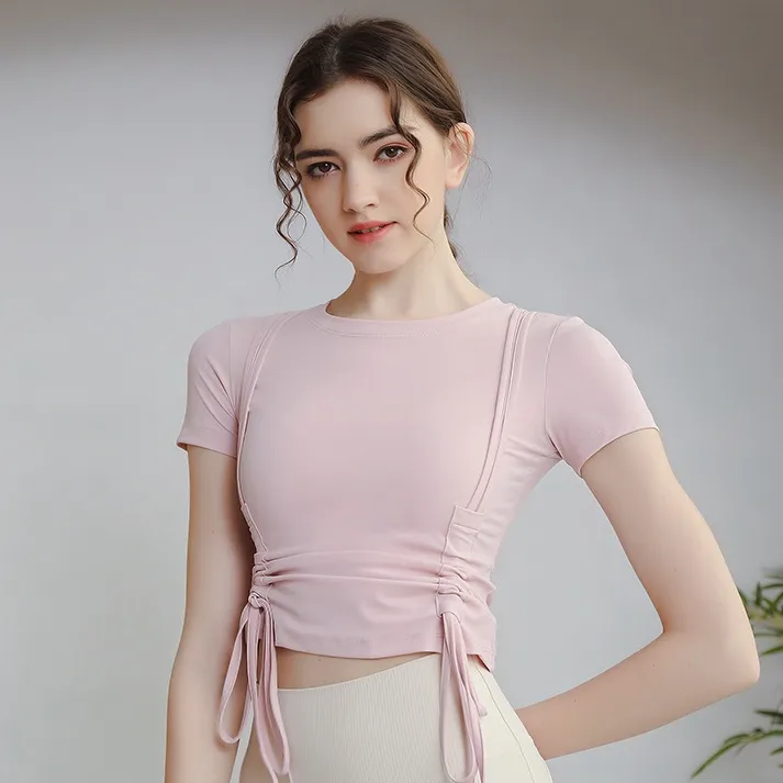 定番シンプル 半袖 スポーツ ボウタイ クッション性 ショート丈 フィット ヨガトップス