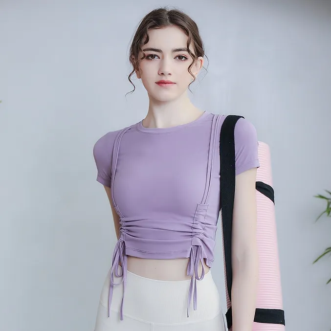 定番シンプル 半袖 スポーツ ボウタイ クッション性 ショート丈 フィット ヨガトップス