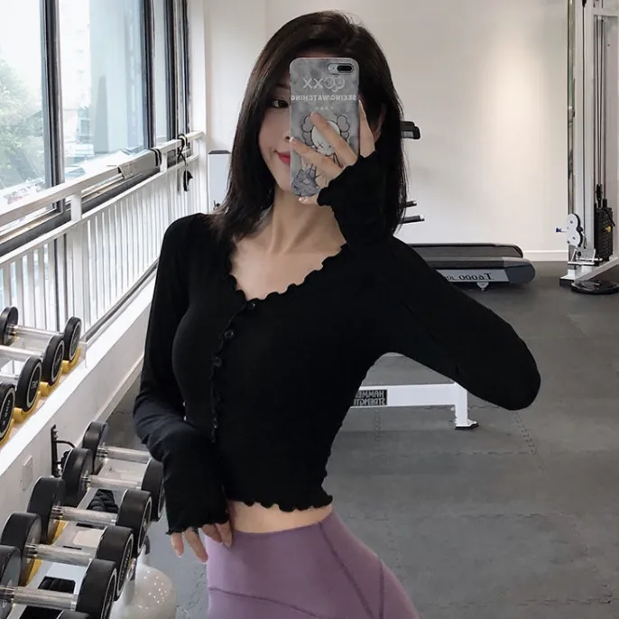 シンプル 長袖 薄い 通気性良い 伸縮性のある フィット スポーツ ボタン ヨガトップス