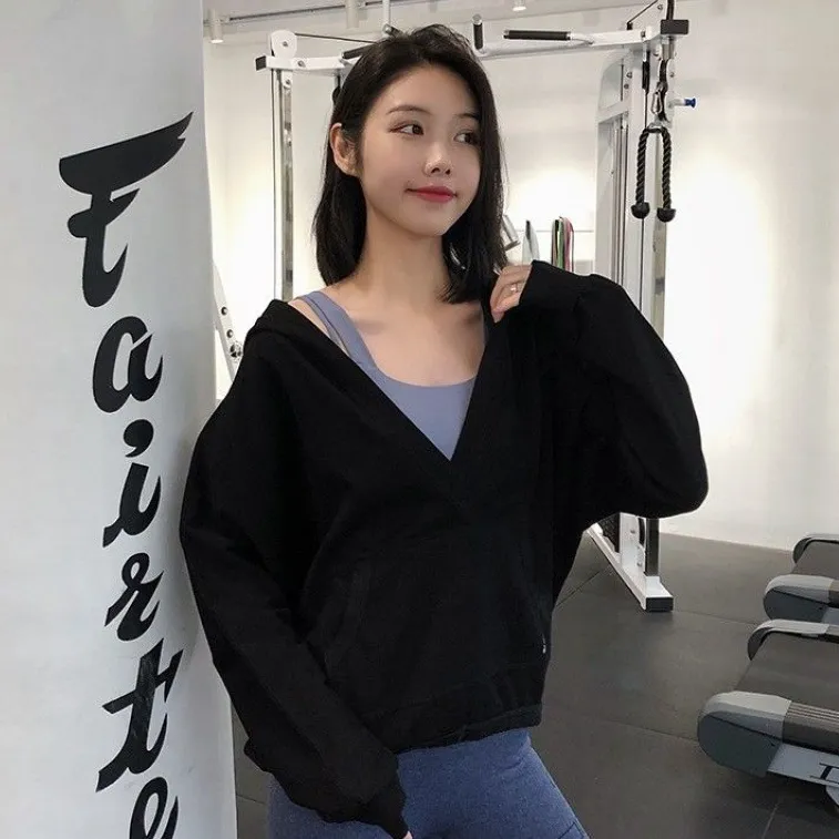 気質アップ フード付き Ⅴネック プルオーバー ゆったり 無地 スポーツ 長袖 ヨガトップス