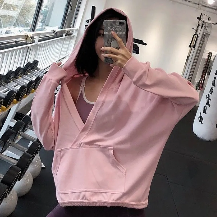 気質アップ フード付き Ⅴネック プルオーバー ゆったり 無地 スポーツ 長袖 ヨガトップス
