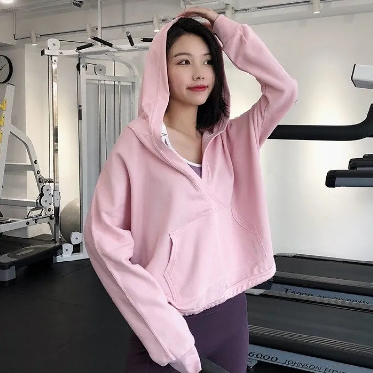 気質アップ フード付き Ⅴネック プルオーバー ゆったり 無地 スポーツ 長袖 ヨガトップス