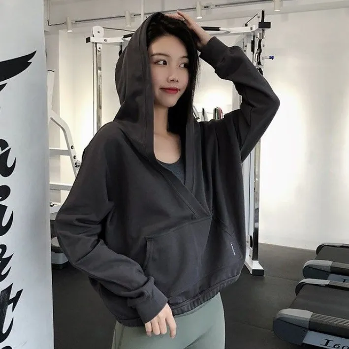 気質アップ フード付き Ⅴネック プルオーバー ゆったり 無地 スポーツ 長袖 ヨガトップス