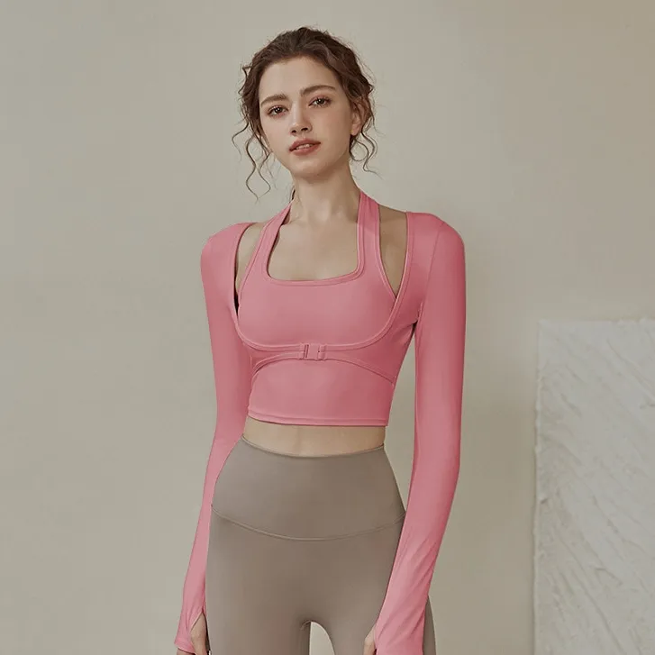 定番シンプル レイヤード 重ね着風 ホルターネック ランニング 運動 着瘦せ 優雅 吸汗 ヨガトップス