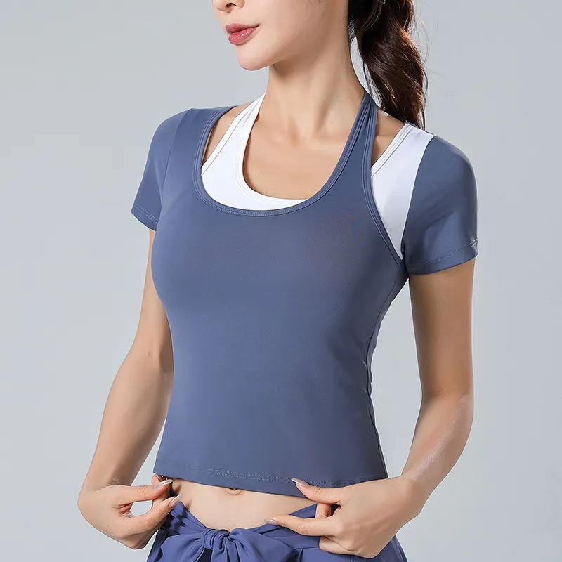 デザイン性抜群 配色 スポーツ系 運動 速乾性 半袖 吸汗 ファッション 可愛い ヨガトップス