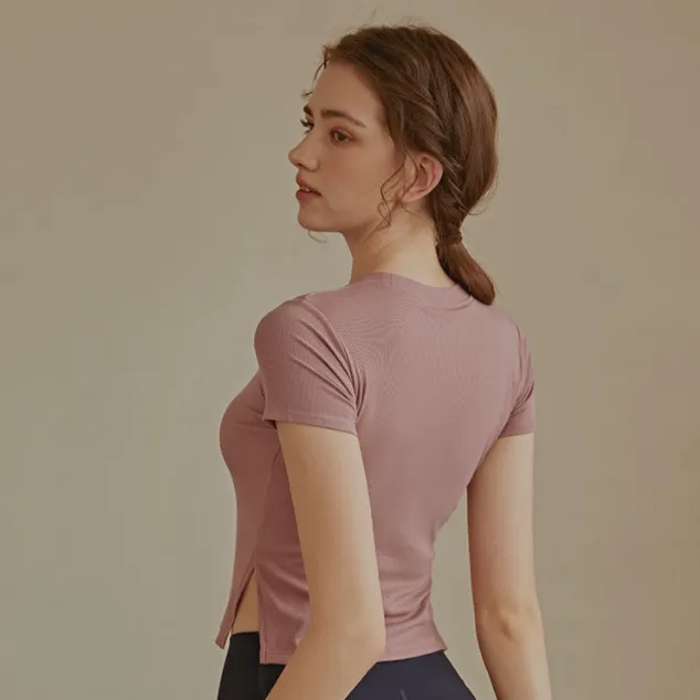 カジュアル パッドあり 無地 クッション性 スポーツ スリット 半袖 ショート丈 ヨガトップス