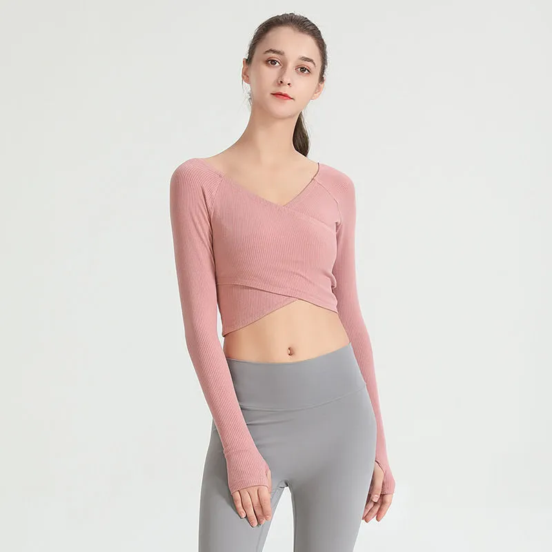 セクシー Ⅴネック スリム 着痩せ 長袖 クッション性 スポーツ ヨガトップス