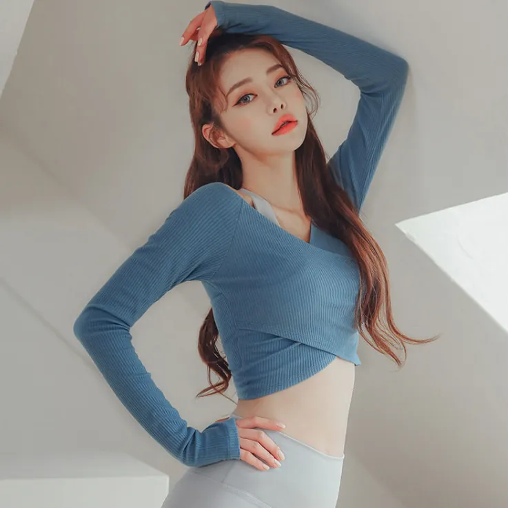 セクシー Ⅴネック スリム 着痩せ 長袖 クッション性 スポーツ ヨガトップス