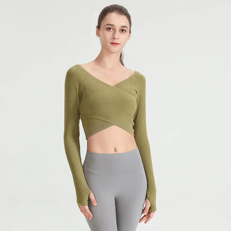 セクシー Ⅴネック スリム 着痩せ 長袖 クッション性 スポーツ ヨガトップス