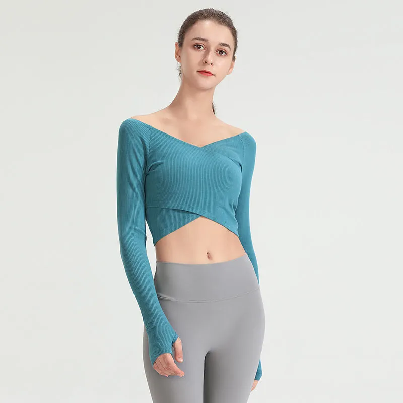 セクシー Ⅴネック スリム 着痩せ 長袖 クッション性 スポーツ ヨガトップス