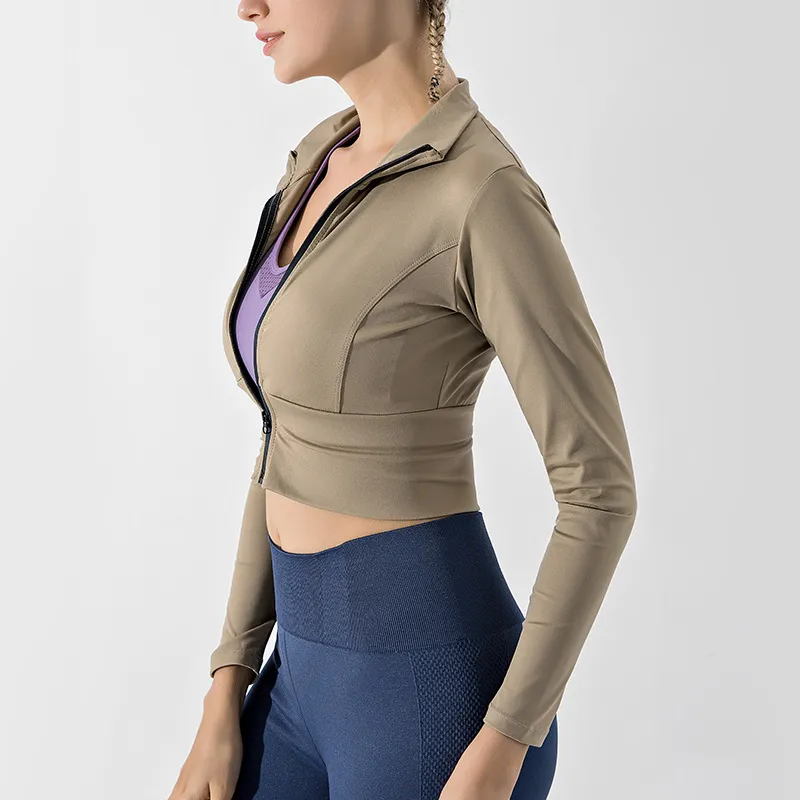シンプル スポーツ 長袖 無地 スタンドネック ジッパー クッション性 ヨガトップス