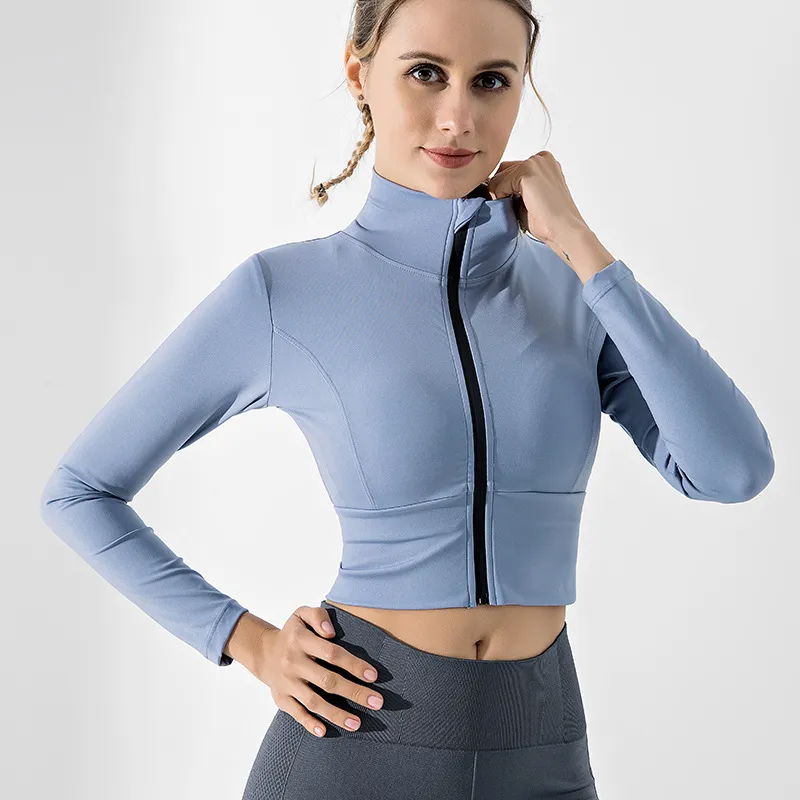 シンプル スポーツ 長袖 無地 スタンドネック ジッパー クッション性 ヨガトップス