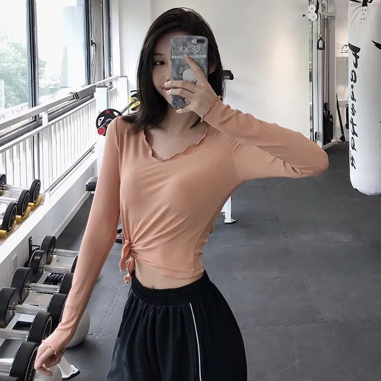 スポーツ 着痩せ Uネック スリット クッション性 長袖 軽い手持ち感 ヨガトップス