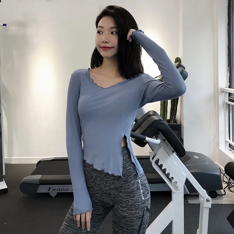 スポーツ 着痩せ Uネック スリット クッション性 長袖 軽い手持ち感 ヨガトップス