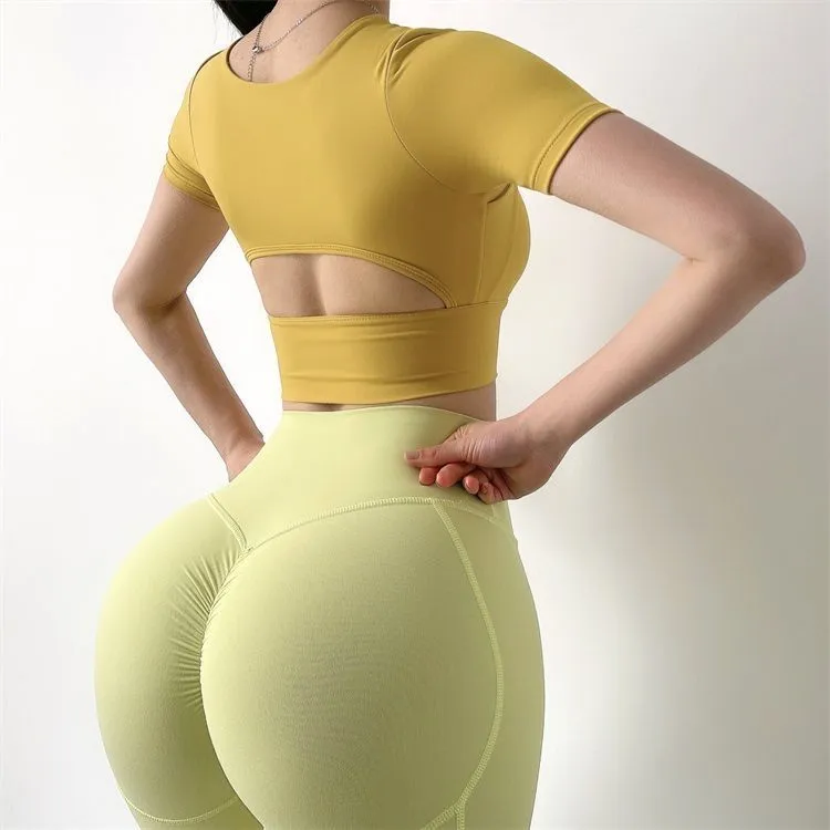 セクシー 透かし彫り 露出 クッション性 半袖 無地 スポーツ ショート丈 ヨガトップス