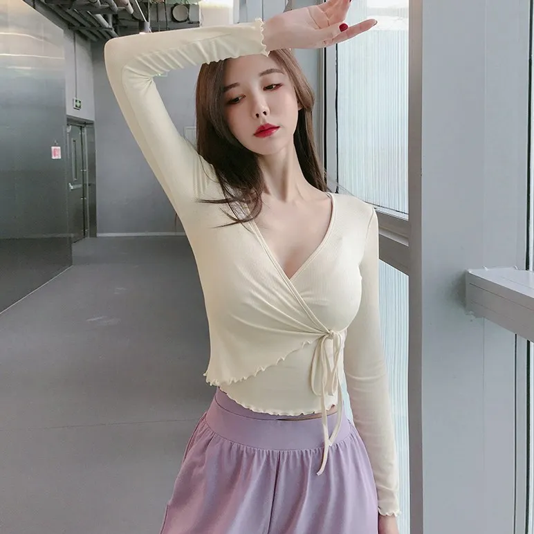 着心地良い ボウタイ Vネック スポーツ セクシー トレーニング ヨガトップス