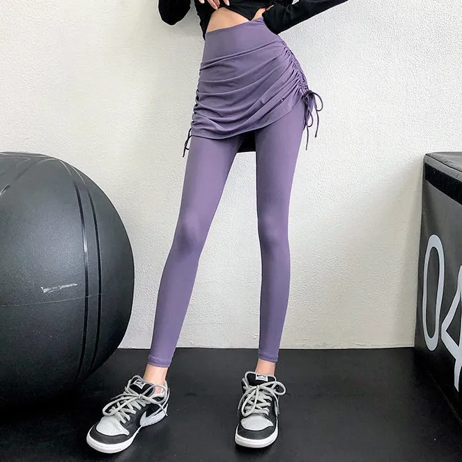 レイヤード スカート ヒップアップ ボウタイ スポーツ フィット ヨガパンツ