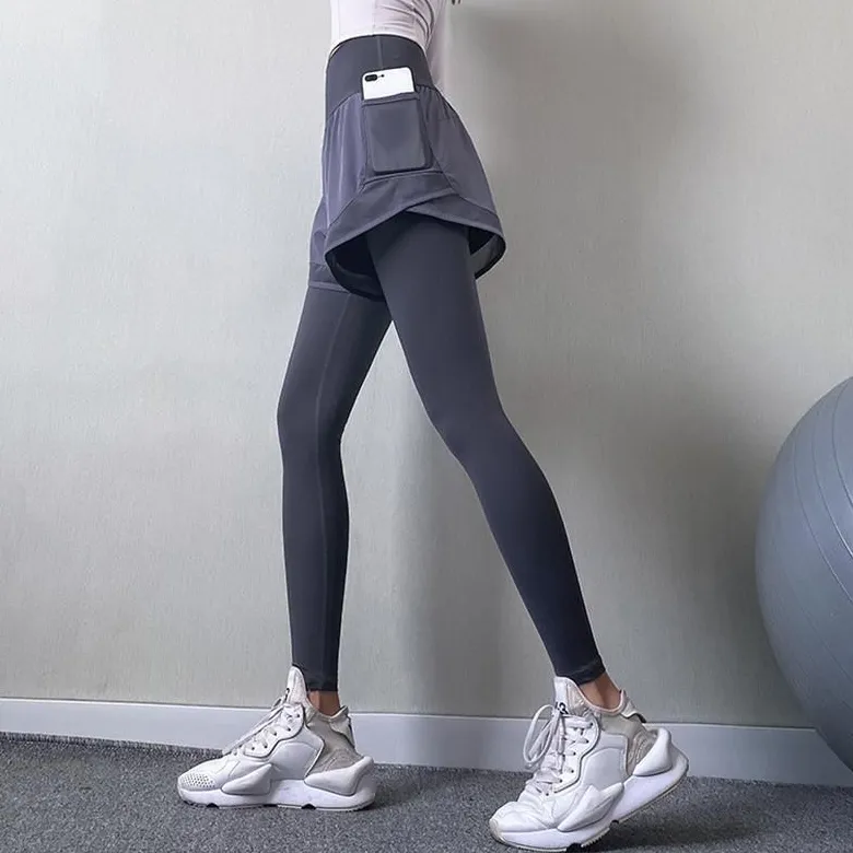 レイヤード ハイウエスト 着痩せ お腹押さえ スポーツ 伸縮性のある ヨガパンツ