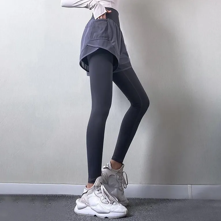 レイヤード ハイウエスト 着痩せ お腹押さえ スポーツ 伸縮性のある ヨガパンツ