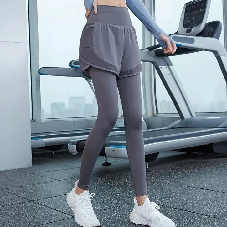 レイヤード ハイウエスト 着痩せ お腹押さえ スポーツ 伸縮性のある ヨガパンツ