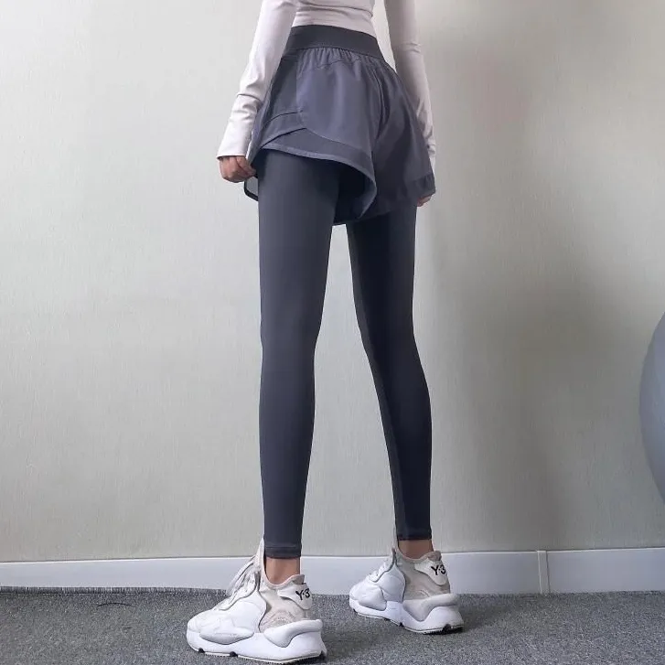 レイヤード ハイウエスト 着痩せ お腹押さえ スポーツ 伸縮性のある ヨガパンツ