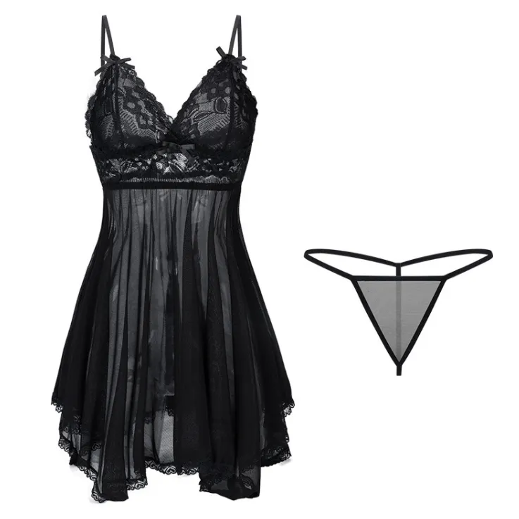 大人の色気 レース リボン付き Ⅴネック セクシー Ｔバック付き 誘惑 ベビードール