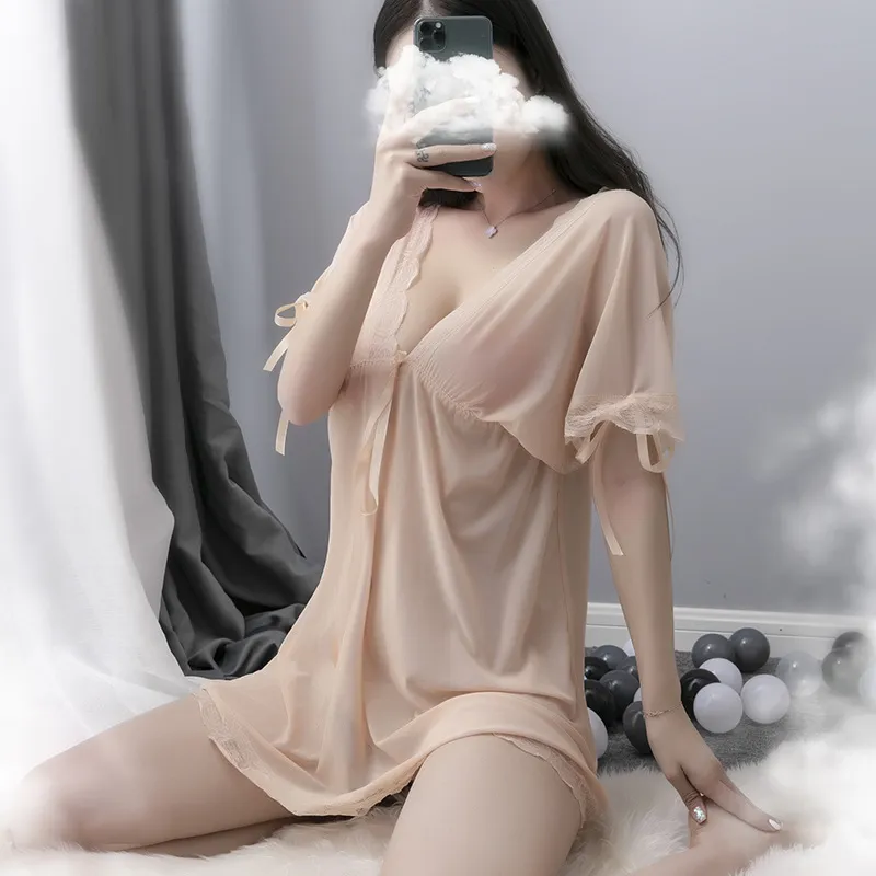 大きいサイズ 透け透け メッシュ レース 誘惑 セクシー Ⅴネック リボン付き 瞬間脱着 ベビードール