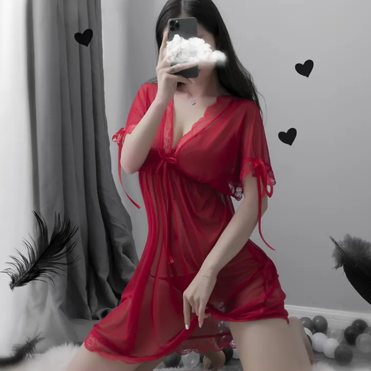 大きいサイズ 透け透け メッシュ レース 誘惑 セクシー Ⅴネック リボン付き 瞬間脱着 ベビードール