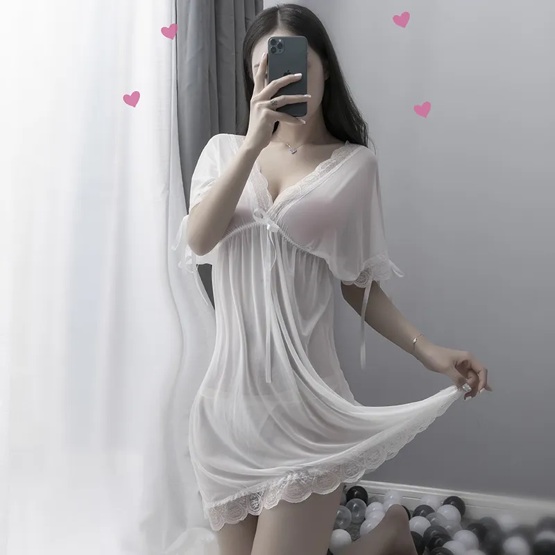 大きいサイズ 透け透け メッシュ レース 誘惑 セクシー Ⅴネック リボン付き 瞬間脱着 ベビードール