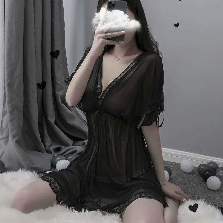 大きいサイズ 透け透け メッシュ レース 誘惑 セクシー Ⅴネック リボン付き 瞬間脱着 ベビードール