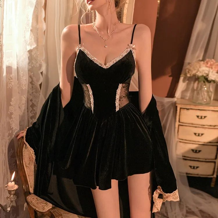 フランス式 パッド付き 単品販売 セクシー 上品さたっぷり ベルベット ネグリジェ ベビードール