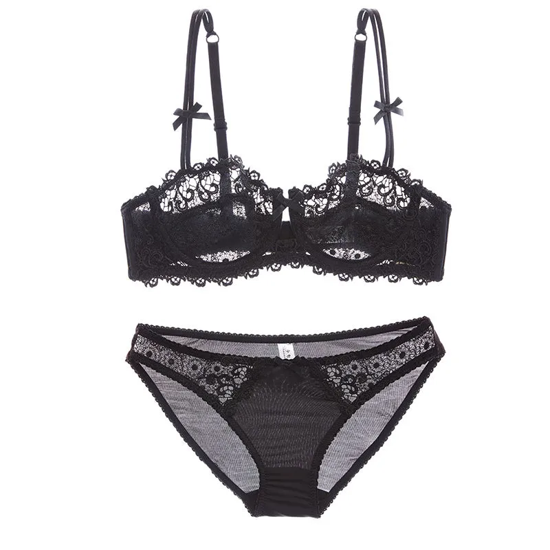 レトロ レース 超薄め 刺繡 ワイヤー入り A-Eカップ 透け透け 脇高 盛れる ブラ・ショーツセット