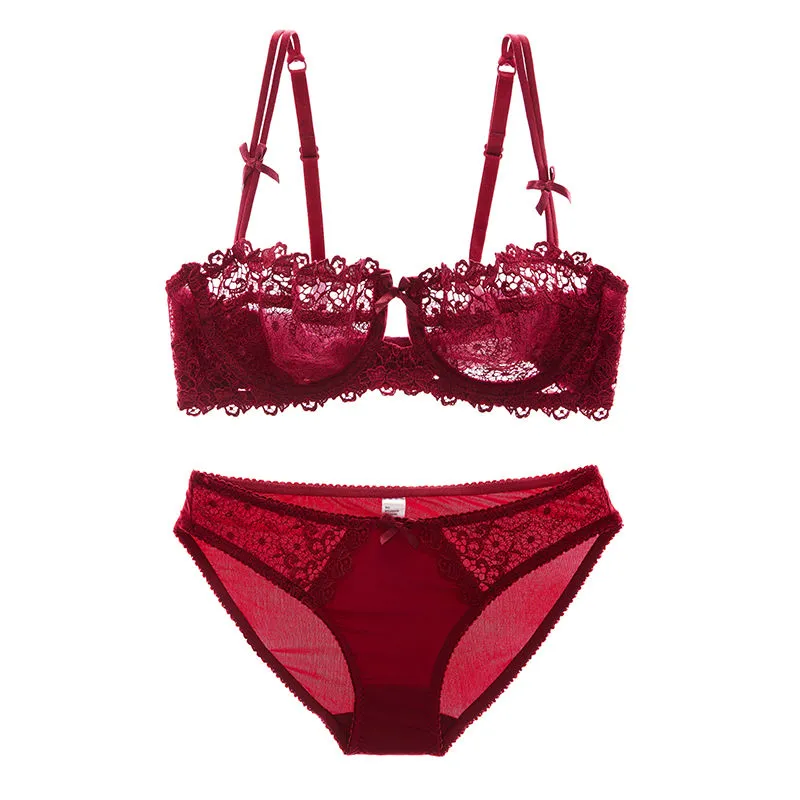 レトロ レース 超薄め 刺繡 ワイヤー入り A-Eカップ 透け透け 脇高 盛れる ブラ・ショーツセット
