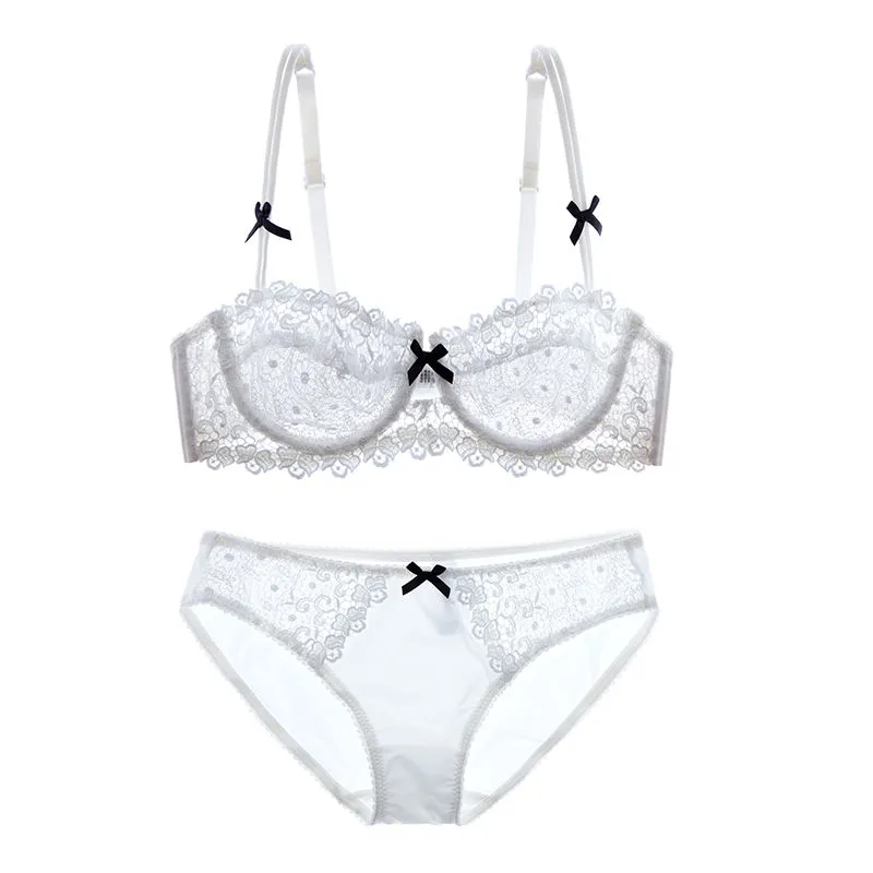 レトロ レース 超薄め 刺繡 ワイヤー入り A-Eカップ 透け透け 脇高 盛れる ブラ・ショーツセット