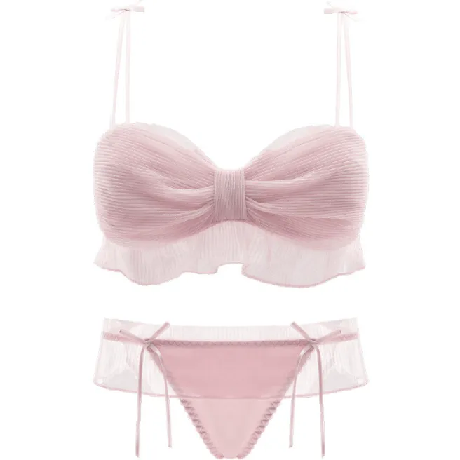少女いっぱい リボン メッシュ A-Cカップ ノンワイヤー 柔らかい 美谷間 ブラ・ショーツセット