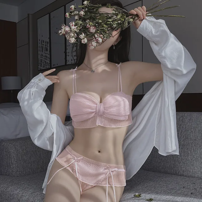 少女いっぱい リボン メッシュ A-Cカップ ノンワイヤー 柔らかい 美谷間 ブラ・ショーツセット